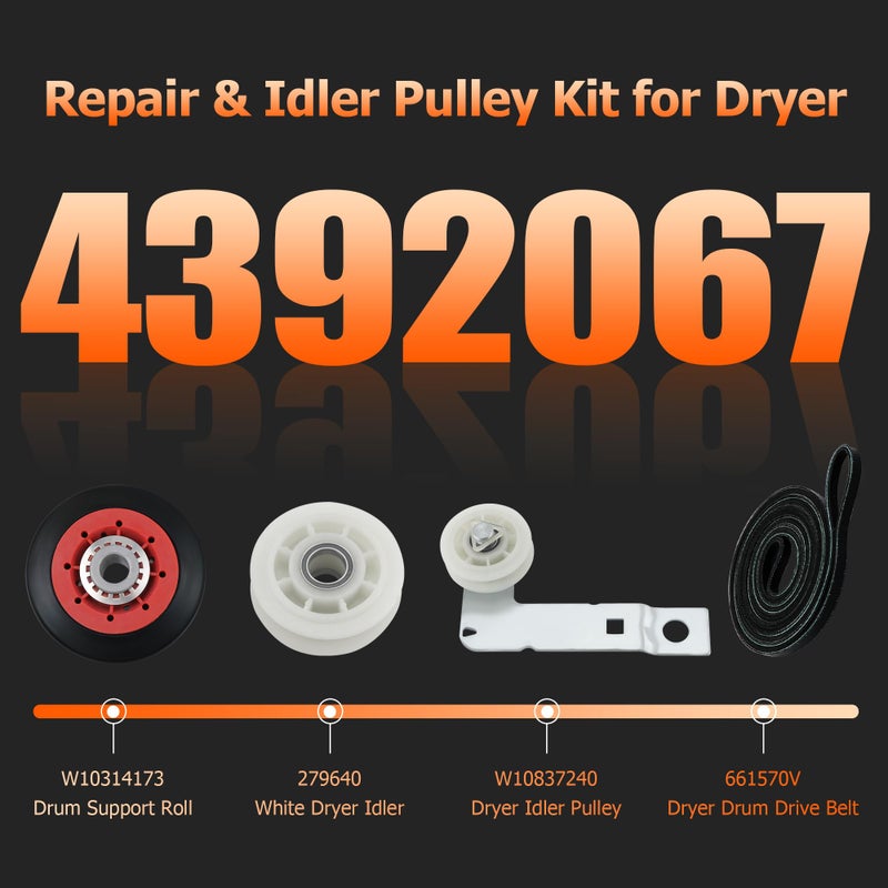 Funmit 4392067 Dryer Repair Kit and W10837240 Dryer Idler Pulley Fit for Whirlpool Maytag Admiral Kenmore Dryer - Bravos Dryer parts and Duet Dryer Parts Compared to # 4392067VP 80047 587637 by Funmit - Image 2